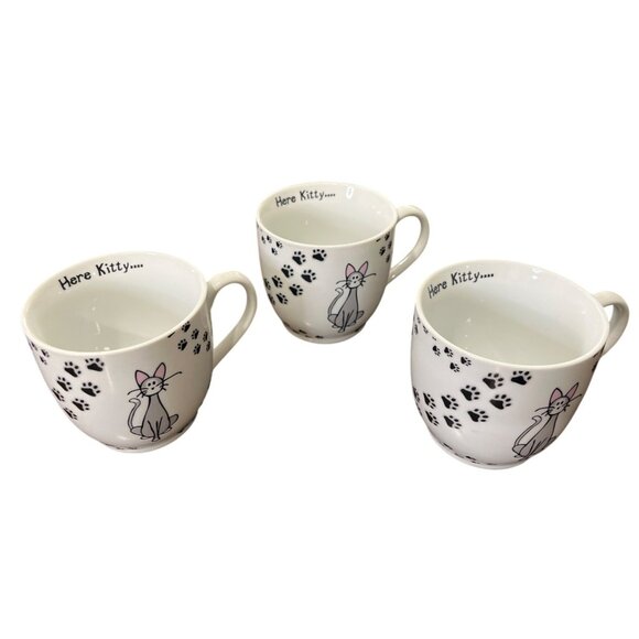 Zrike Everyday "Here Kitty" Mugs Porcelain Paw Print Cat Set Of 3 White Black - Picture 2 of 6
